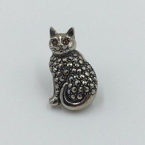 KITTY CAT Lapel Pin, Silver Tone, Yellow Amber Color Crystal Rhinestone Eyes